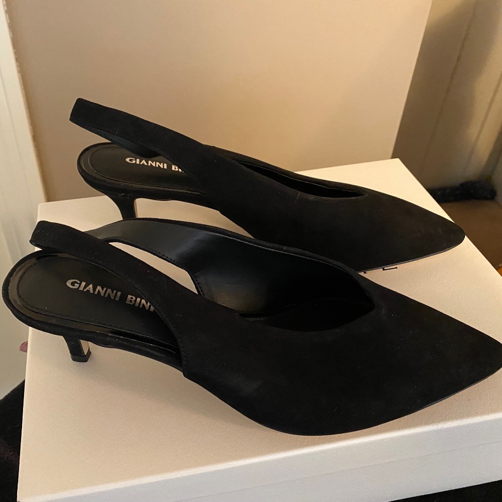 Black suede sling back dress shoe